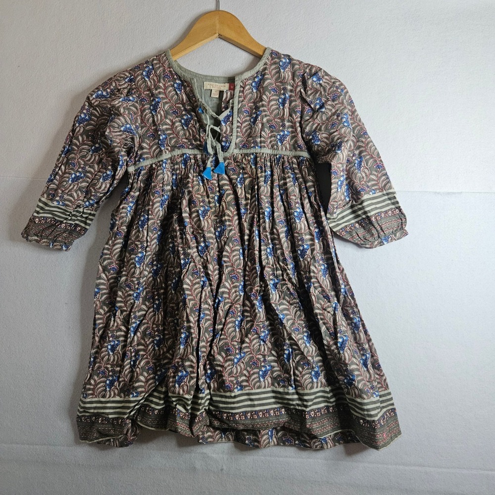 Pink Chicken New York Girls Floral Block Print Cotton Dress Sage Blue Size 7Y